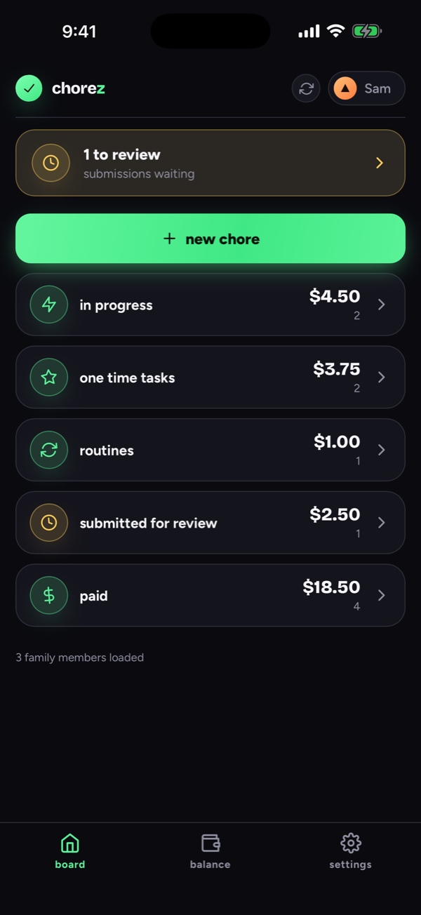 The Chorez parent board on iPhone: a review queue, a new-chore button, and chore groups showing $4.50 in progress, $2.50 submitted for review, and $18.50 paid.